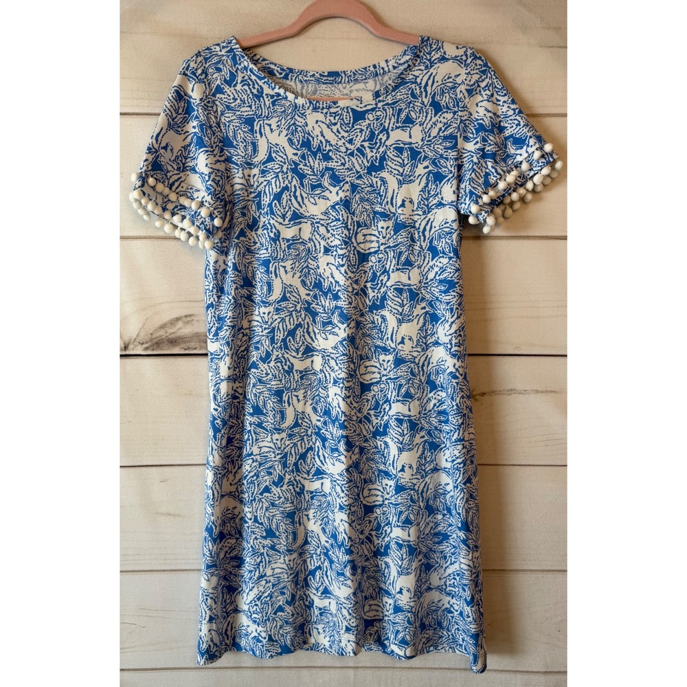 Lilly Pulitzer Blue White Pima Cotton Pom Pom Trim Shift Dress Small